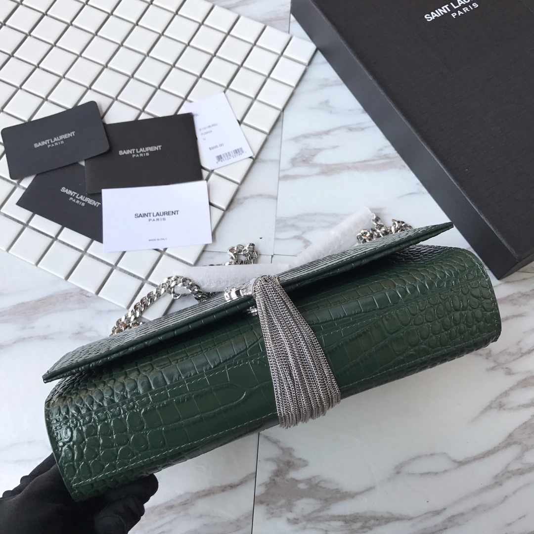 354119 KATE MEDIUM WITH TASSEL IN EMBOSSED CROCODILE SHINY LEATHER, STRAP DROP: 48CM, YSL Saint Laurent