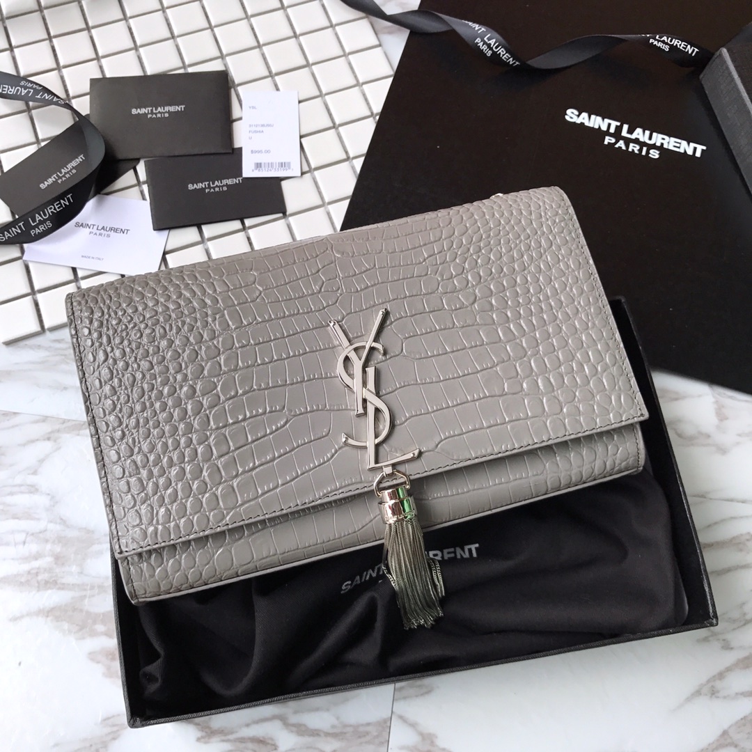 354119 KATE MEDIUM WITH TASSEL IN EMBOSSED CROCODILE SHINY LEATHER, STRAP DROP: 48CM, YSL Saint Laurent