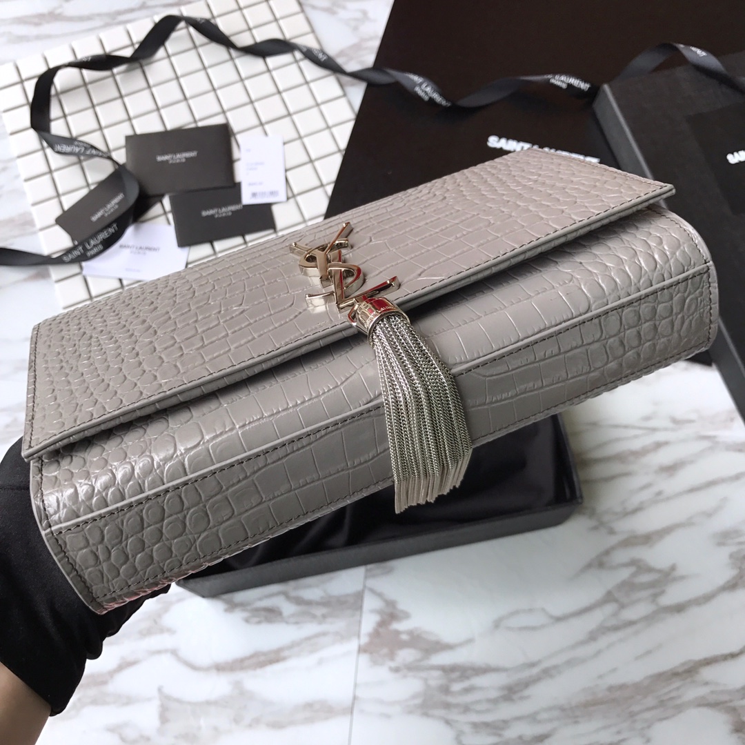 354119 KATE MEDIUM WITH TASSEL IN EMBOSSED CROCODILE SHINY LEATHER, STRAP DROP: 48CM, YSL Saint Laurent