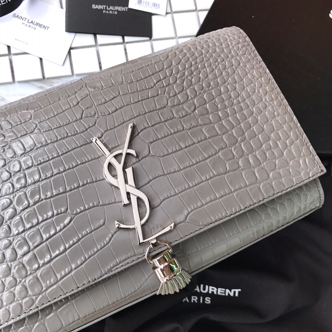 354119 KATE MEDIUM WITH TASSEL IN EMBOSSED CROCODILE SHINY LEATHER, STRAP DROP: 48CM, YSL Saint Laurent