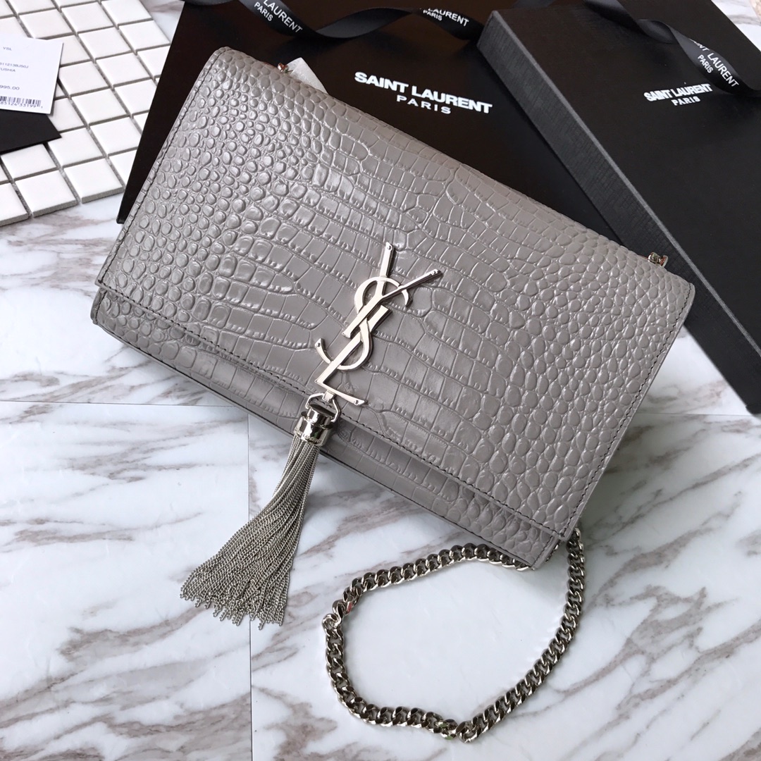 354119 KATE MEDIUM WITH TASSEL IN EMBOSSED CROCODILE SHINY LEATHER, STRAP DROP: 48CM, YSL Saint Laurent