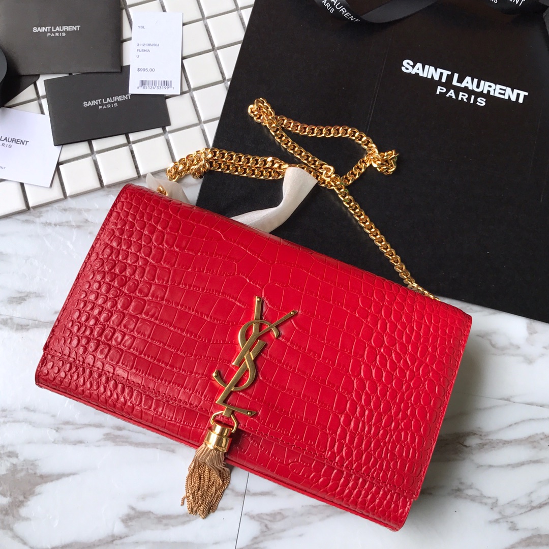354119 KATE MEDIUM WITH TASSEL IN EMBOSSED CROCODILE SHINY LEATHER, STRAP DROP: 48CM, YSL Saint Laurent
