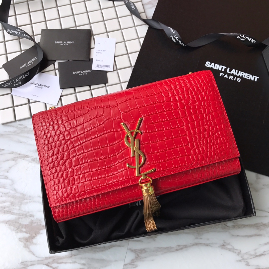 354119 KATE MEDIUM WITH TASSEL IN EMBOSSED CROCODILE SHINY LEATHER, STRAP DROP: 48CM, YSL Saint Laurent