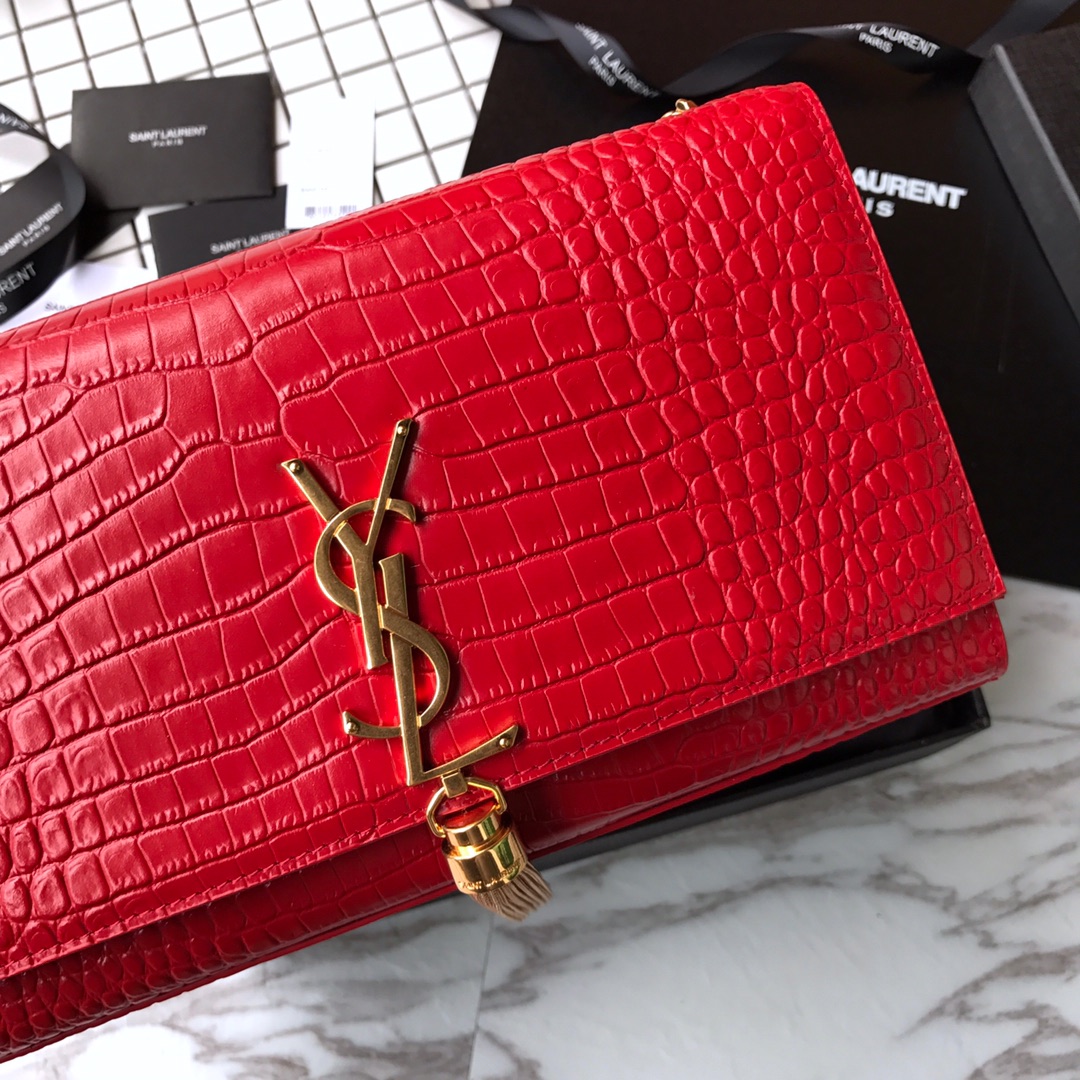 354119 KATE MEDIUM WITH TASSEL IN EMBOSSED CROCODILE SHINY LEATHER, STRAP DROP: 48CM, YSL Saint Laurent