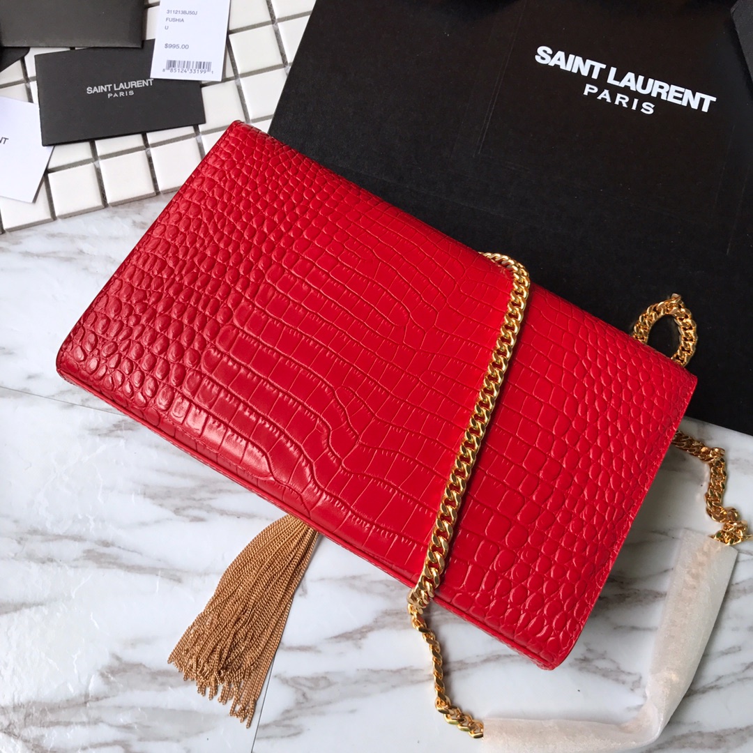 354119 KATE MEDIUM WITH TASSEL IN EMBOSSED CROCODILE SHINY LEATHER, STRAP DROP: 48CM, YSL Saint Laurent