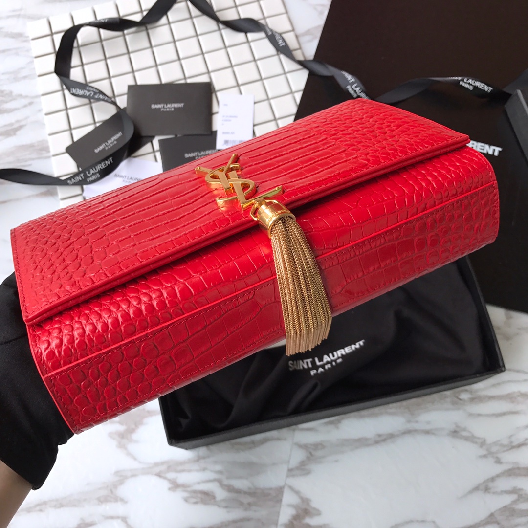 354119 KATE MEDIUM WITH TASSEL IN EMBOSSED CROCODILE SHINY LEATHER, STRAP DROP: 48CM, YSL Saint Laurent