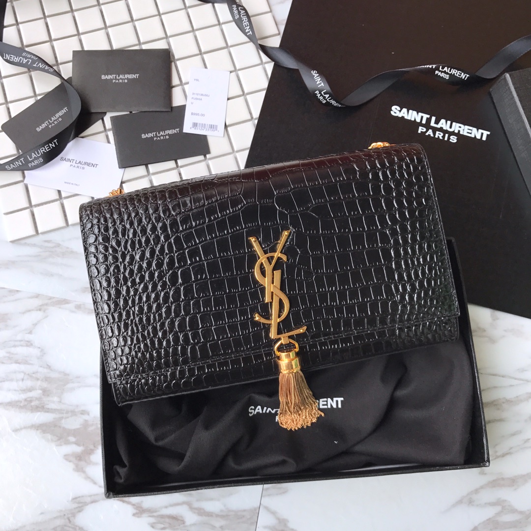 354119 KATE MEDIUM WITH TASSEL IN EMBOSSED CROCODILE SHINY LEATHER, STRAP DROP: 48CM, YSL Saint Laurent