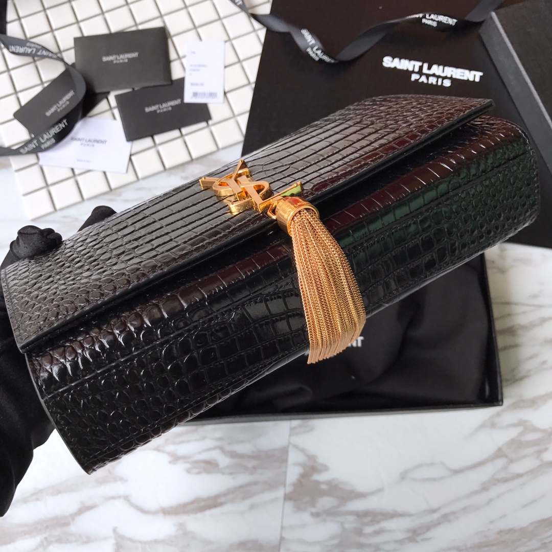 354119 KATE MEDIUM WITH TASSEL IN EMBOSSED CROCODILE SHINY LEATHER, STRAP DROP: 48CM, YSL Saint Laurent