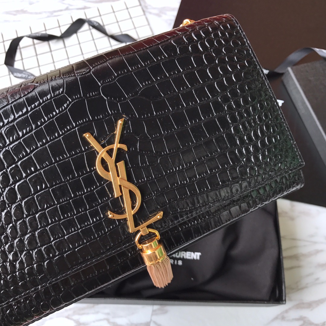 354119 KATE MEDIUM WITH TASSEL IN EMBOSSED CROCODILE SHINY LEATHER, STRAP DROP: 48CM, YSL Saint Laurent