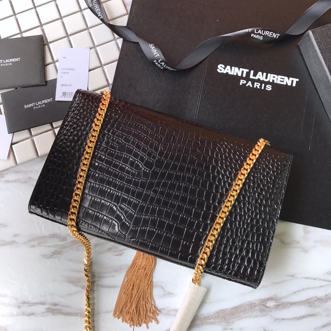 354119 KATE MEDIUM WITH TASSEL IN EMBOSSED CROCODILE SHINY LEATHER, STRAP DROP: 48CM, YSL Saint Laurent