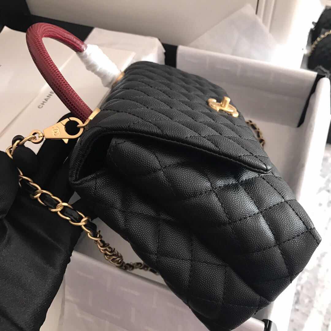 A92991, Flap Bag with Top Handle, CHANEL Handbags, Caviar, Grained Calfskin, Lizard & Gold-Tone Metal