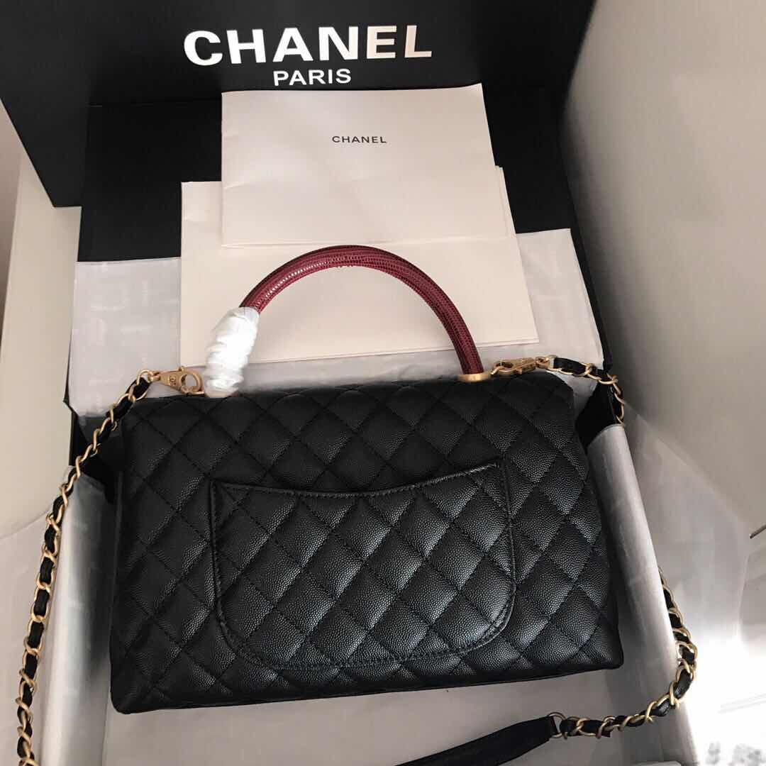 A92991, Flap Bag with Top Handle, CHANEL Handbags, Caviar, Grained Calfskin, Lizard & Gold-Tone Metal
