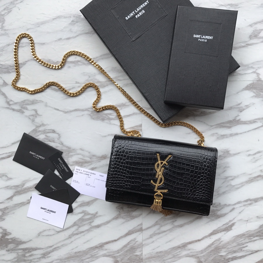 474366 KATE SMALL WITH TASSEL IN EMBOSSED CROCODILE SHINY LEATHER, YSL Saint Laurent