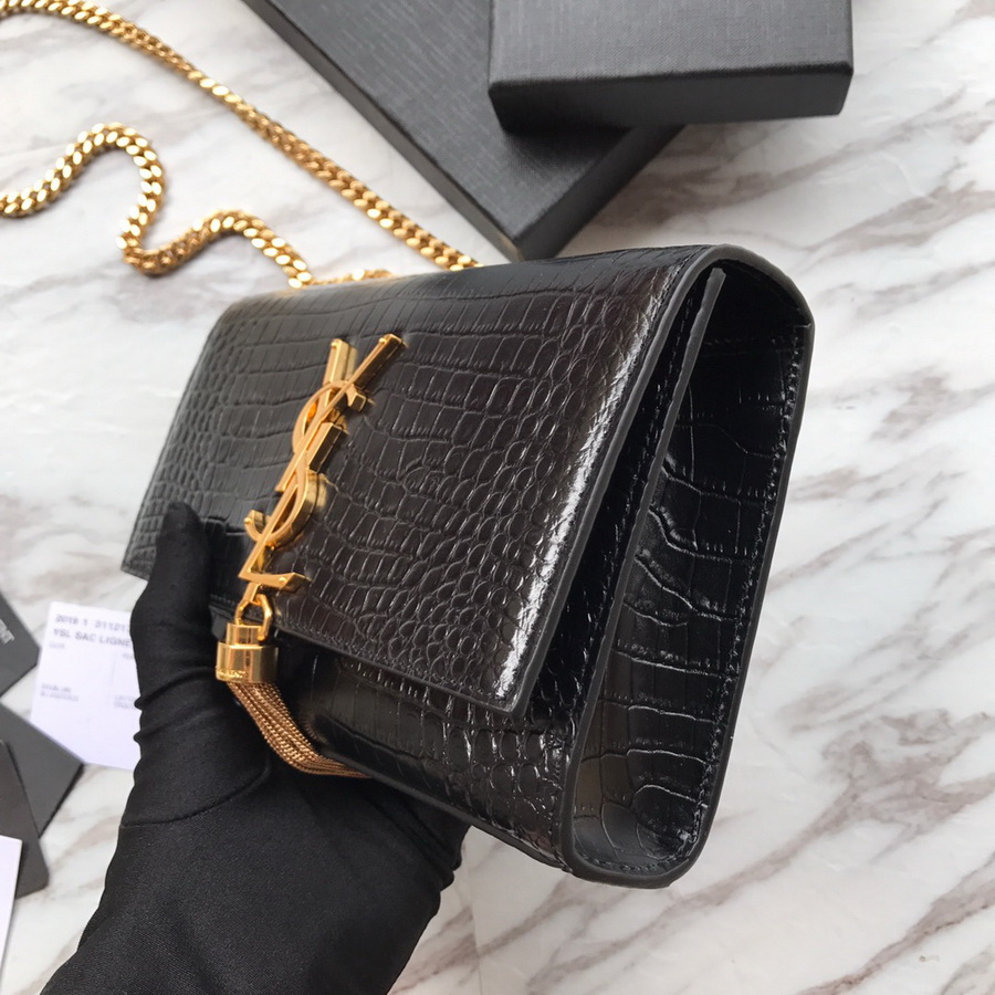 474366 KATE SMALL WITH TASSEL IN EMBOSSED CROCODILE SHINY LEATHER, YSL Saint Laurent