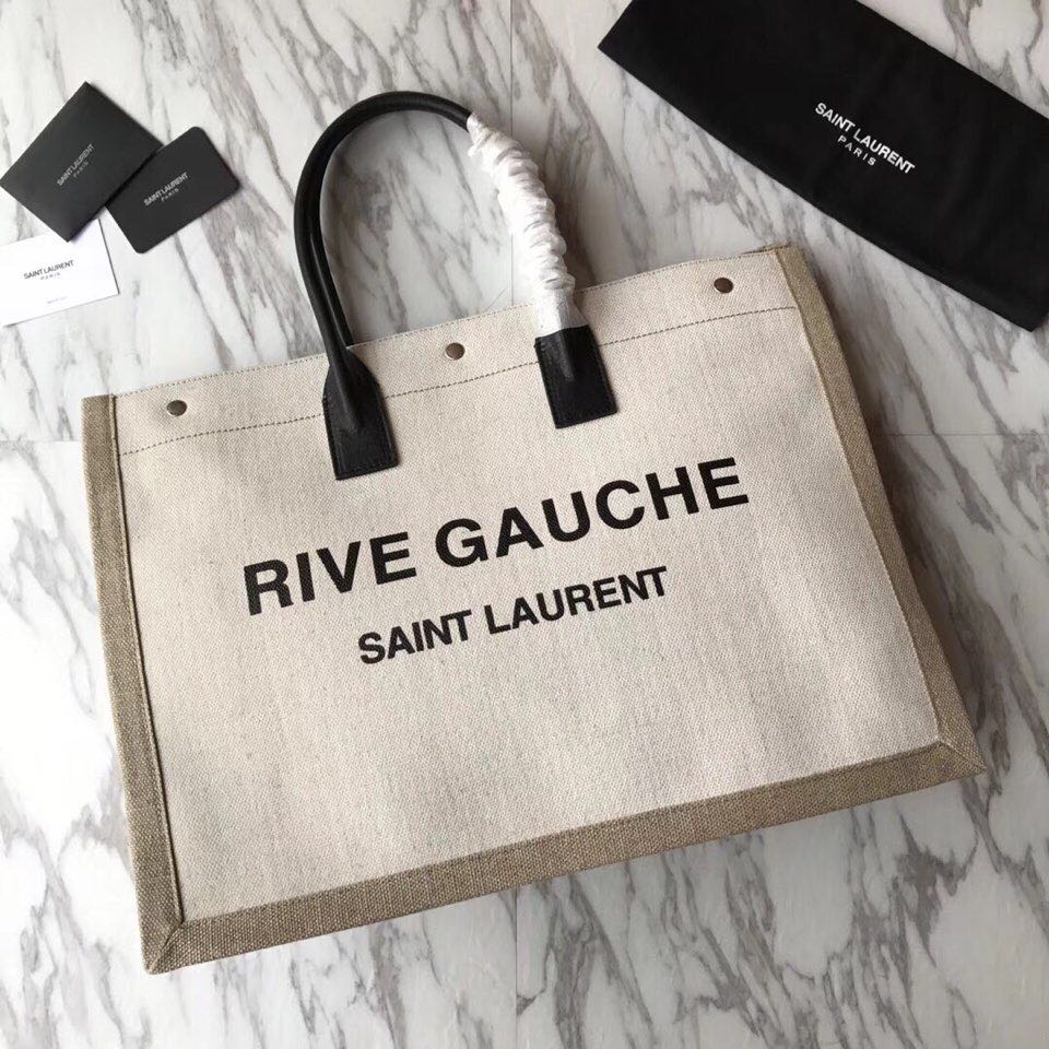 499290 RIVE GAUCHE TOTE BAG IN LINEN AND LEATHER, YSL Saint Laurent
