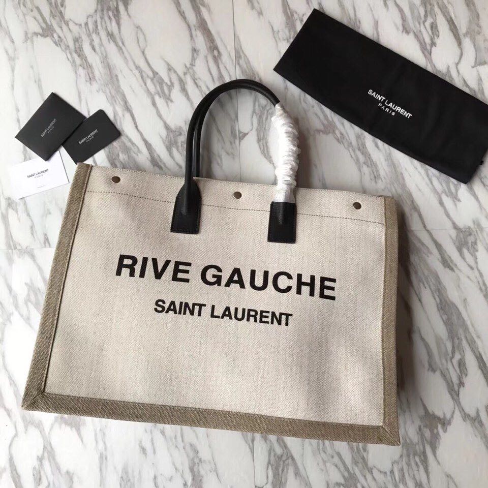 499290 RIVE GAUCHE TOTE BAG IN LINEN AND LEATHER, YSL Saint Laurent