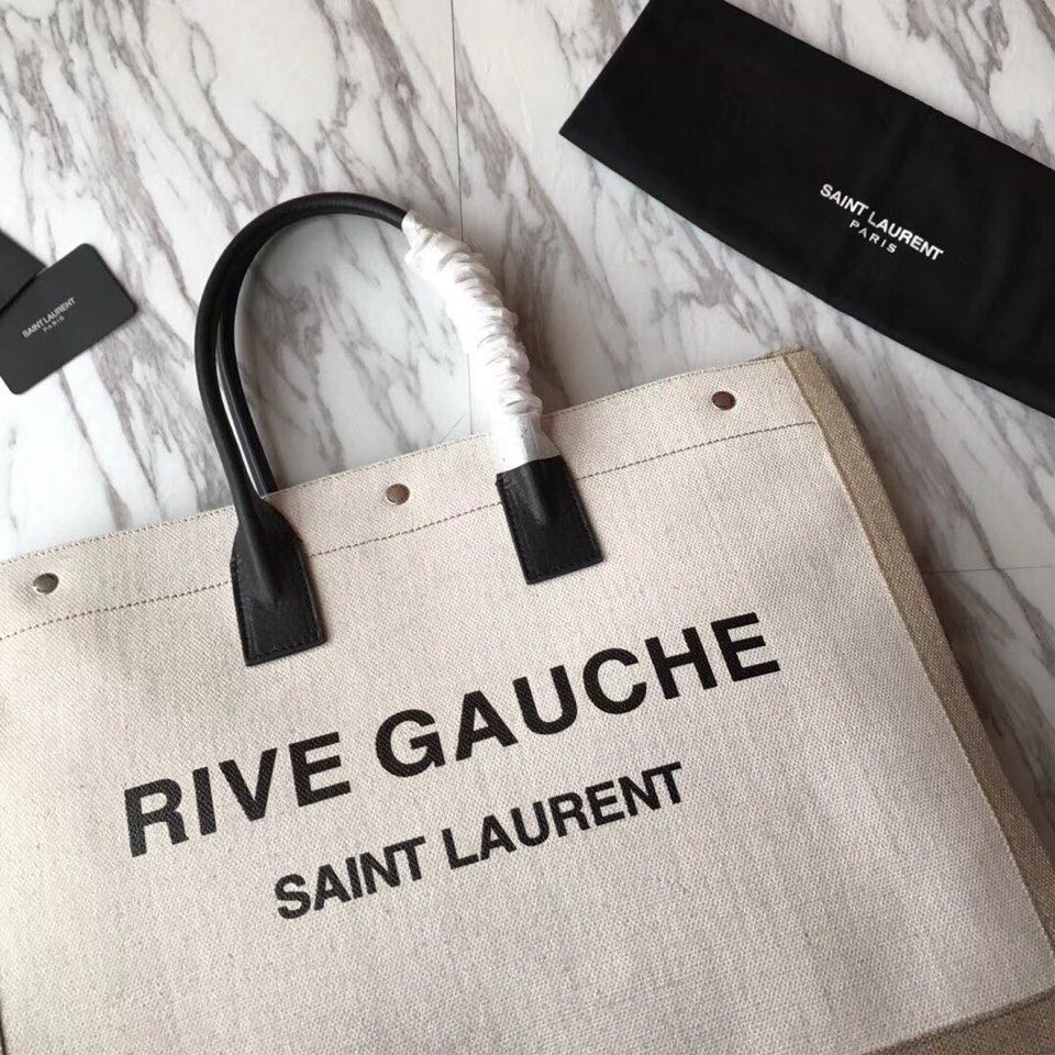 499290 RIVE GAUCHE TOTE BAG IN LINEN AND LEATHER, YSL Saint Laurent