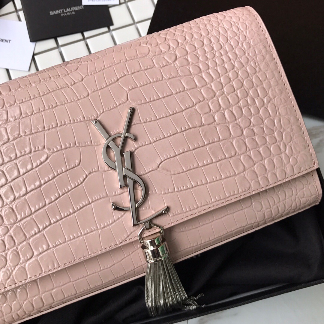 354119 KATE MEDIUM WITH TASSEL IN EMBOSSED CROCODILE SHINY LEATHER, STRAP DROP: 48CM, YSL Saint Laurent