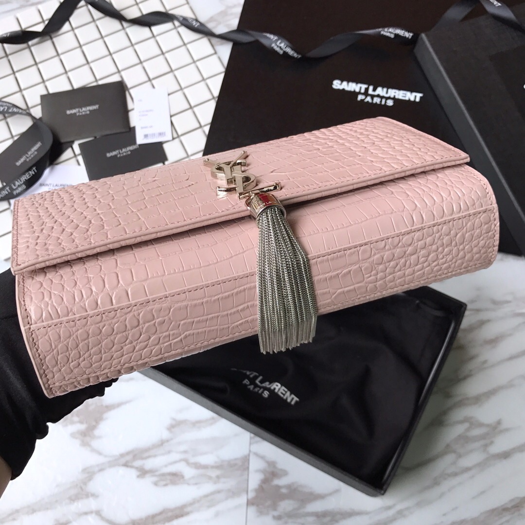 354119 KATE MEDIUM WITH TASSEL IN EMBOSSED CROCODILE SHINY LEATHER, STRAP DROP: 48CM, YSL Saint Laurent