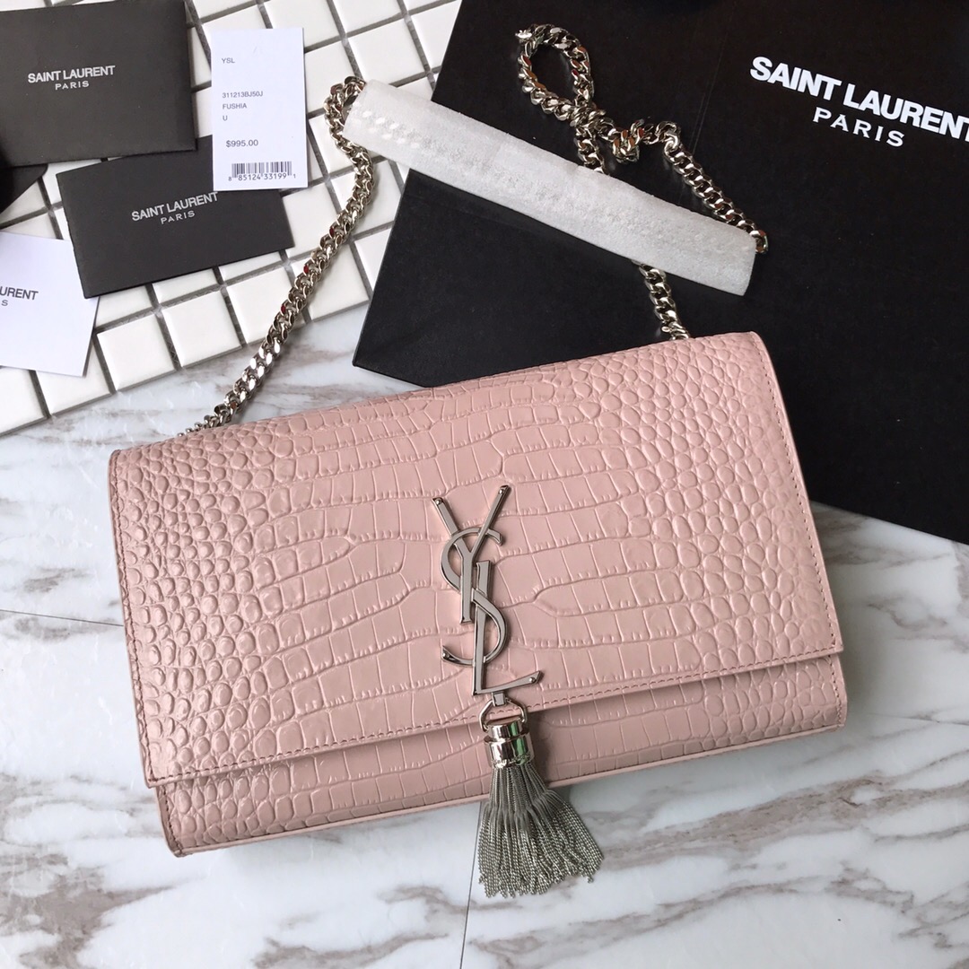 354119 KATE MEDIUM WITH TASSEL IN EMBOSSED CROCODILE SHINY LEATHER, STRAP DROP: 48CM, YSL Saint Laurent