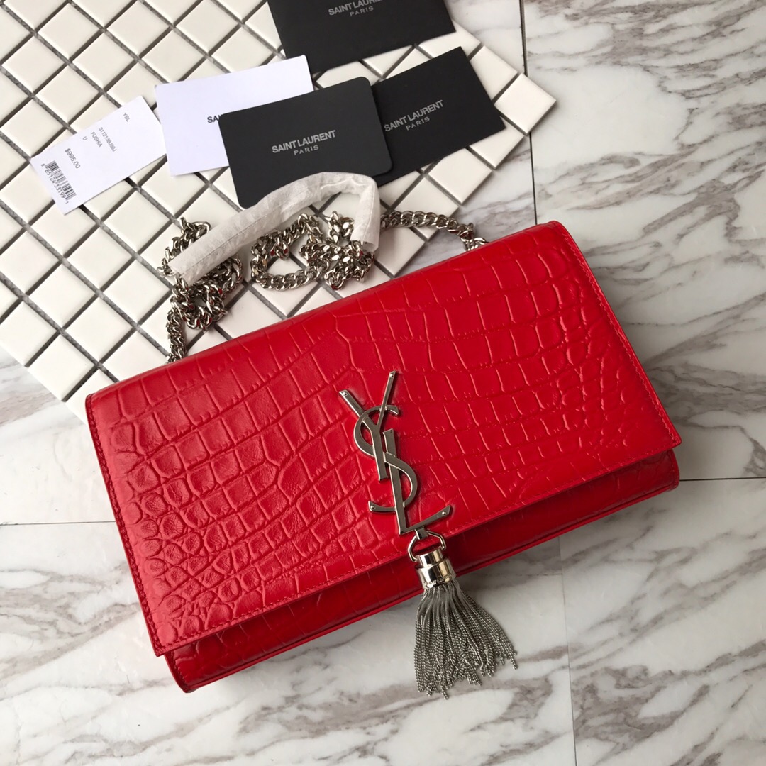 354119 KATE MEDIUM WITH TASSEL IN EMBOSSED CROCODILE SHINY LEATHER, STRAP DROP: 48CM, YSL Saint Laurent