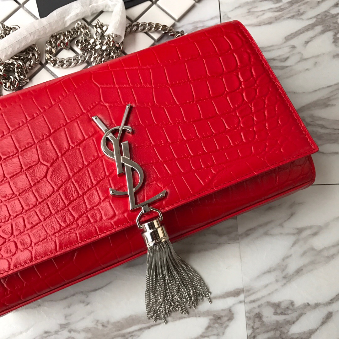 354119 KATE MEDIUM WITH TASSEL IN EMBOSSED CROCODILE SHINY LEATHER, STRAP DROP: 48CM, YSL Saint Laurent
