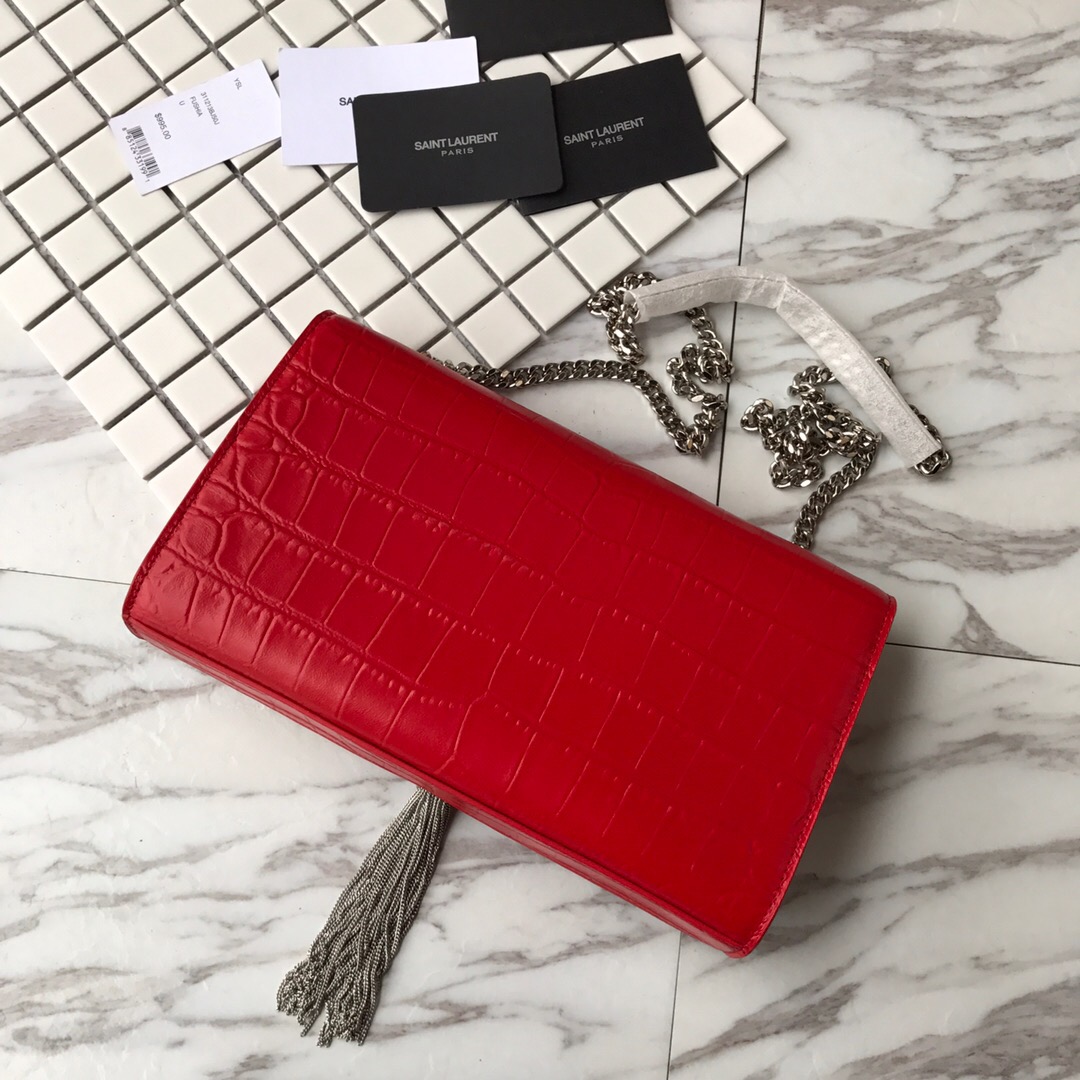 354119 KATE MEDIUM WITH TASSEL IN EMBOSSED CROCODILE SHINY LEATHER, STRAP DROP: 48CM, YSL Saint Laurent
