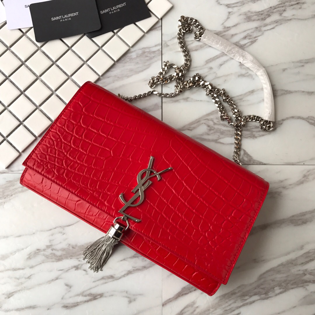 354119 KATE MEDIUM WITH TASSEL IN EMBOSSED CROCODILE SHINY LEATHER, STRAP DROP: 48CM, YSL Saint Laurent