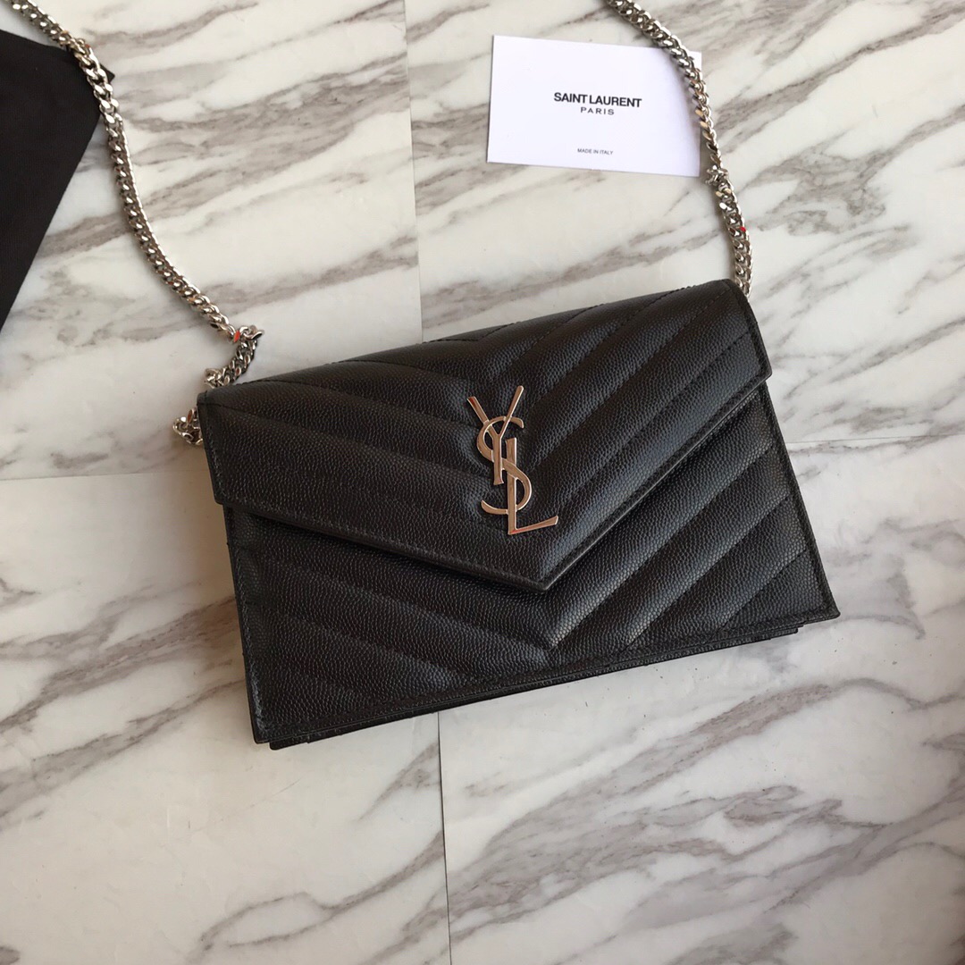 393953 ENVELOPE CHAIN WALLET IN GRAIN DE POUDRE EMBOSSED LEATHER, YSL Saint Laurent