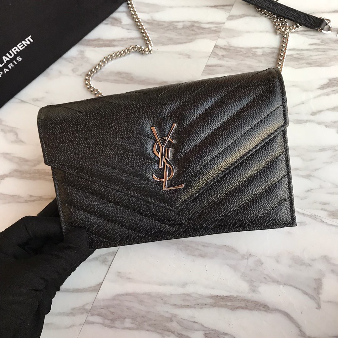 393953 ENVELOPE CHAIN WALLET IN GRAIN DE POUDRE EMBOSSED LEATHER, YSL Saint Laurent