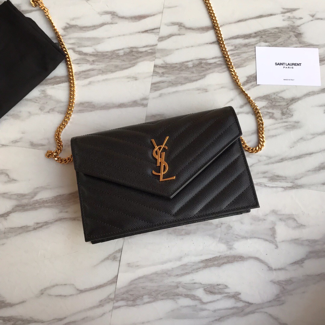 393953 ENVELOPE CHAIN WALLET IN GRAIN DE POUDRE EMBOSSED LEATHER, YSL Saint Laurent