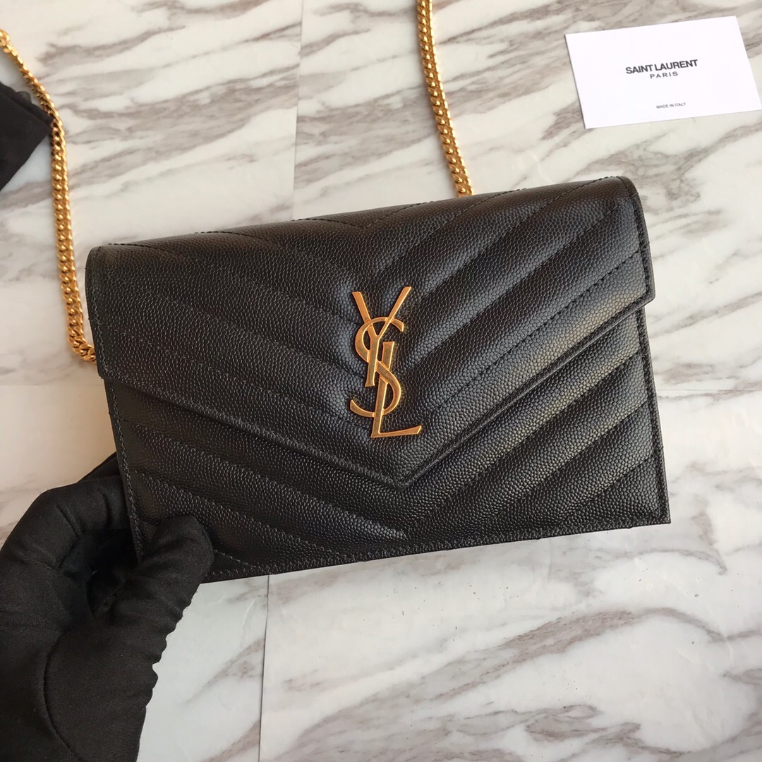 393953 ENVELOPE CHAIN WALLET IN GRAIN DE POUDRE EMBOSSED LEATHER, YSL Saint Laurent