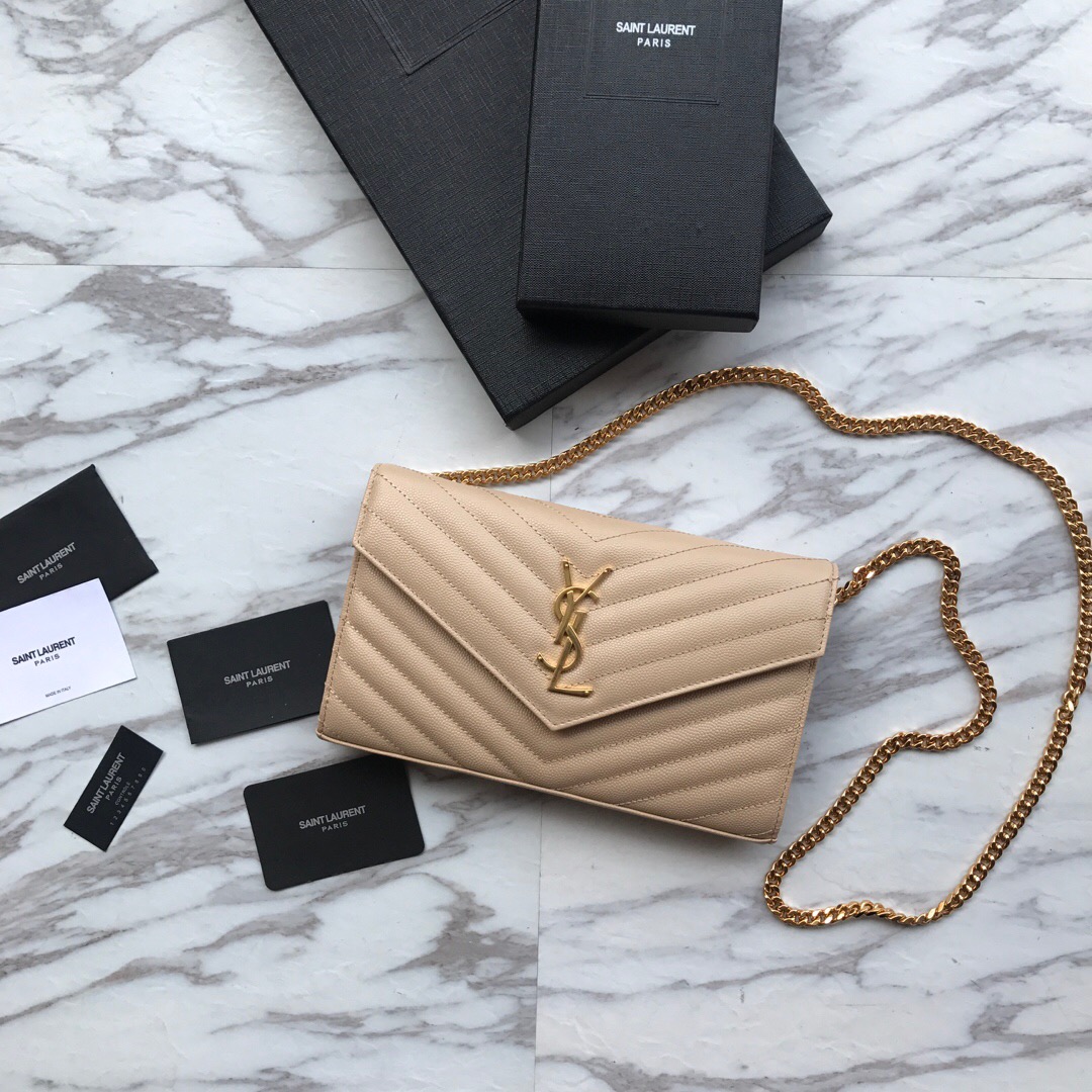 YSL, 377828, MONOGRAM SAINT LAURENT CHAIN WALLET IN BLACK GRAIN, 8.8 5.5 1.6 INCHES