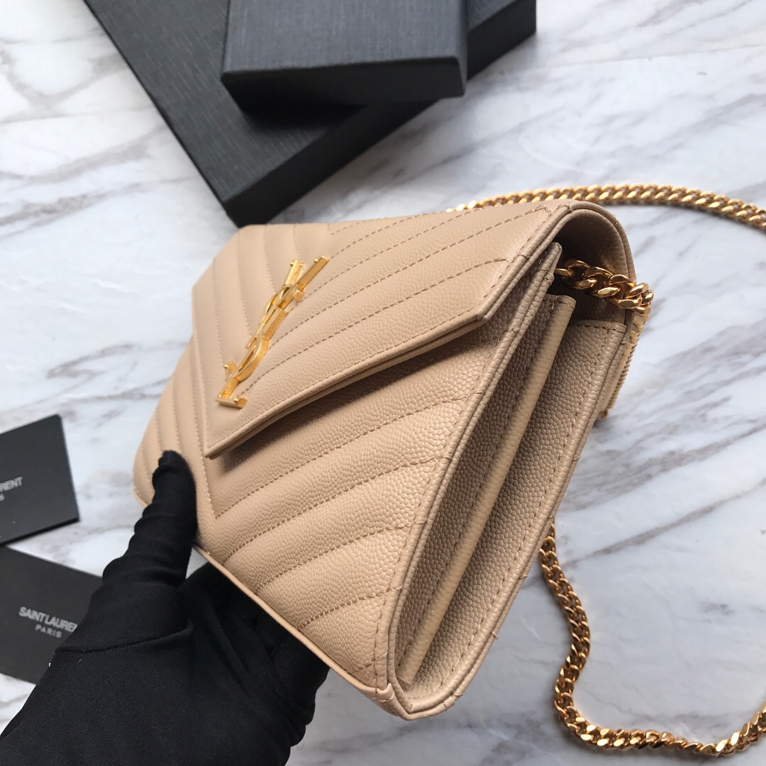 YSL, 377828, MONOGRAM SAINT LAURENT CHAIN WALLET IN BLACK GRAIN, 8.8 5.5 1.6 INCHES