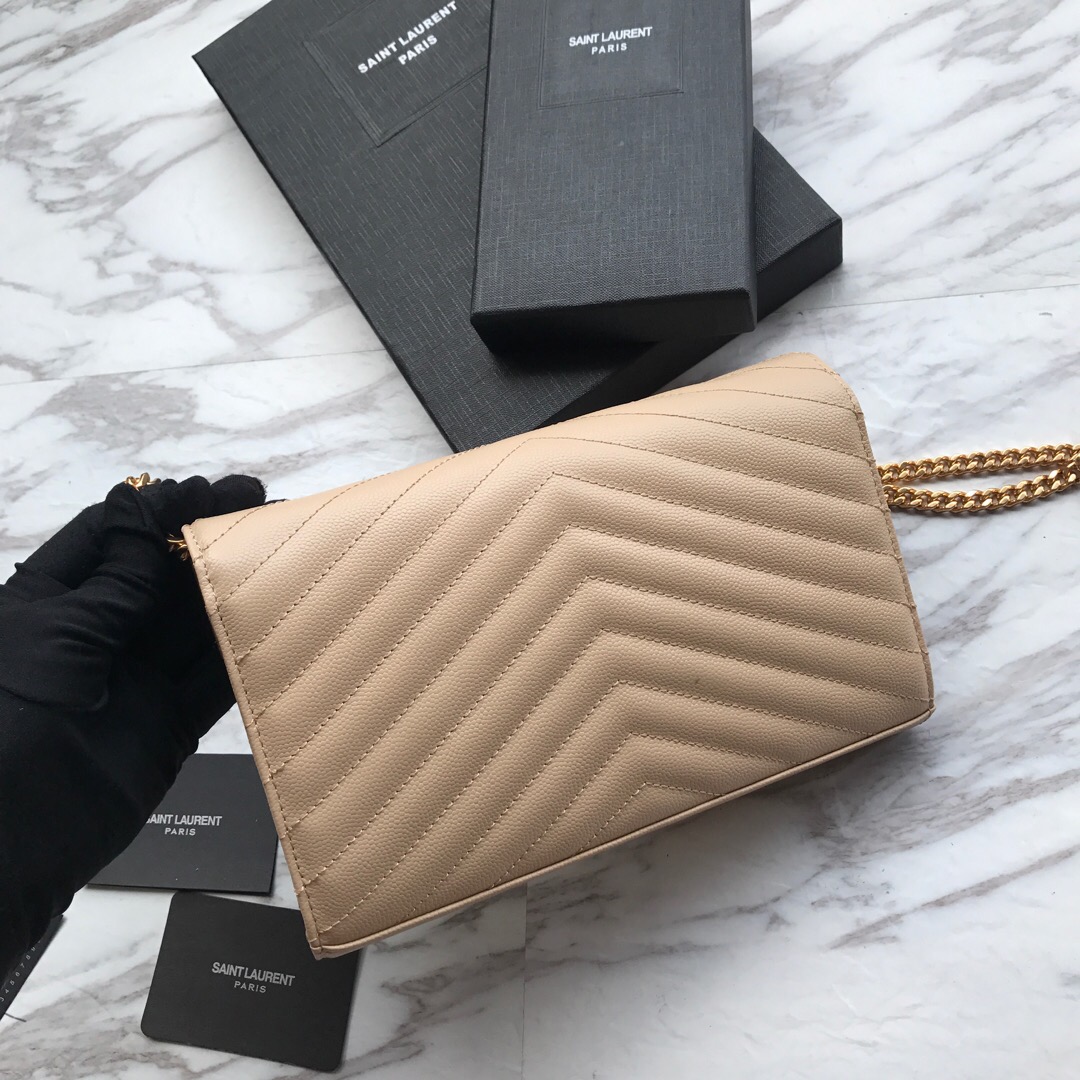 YSL, 377828, MONOGRAM SAINT LAURENT CHAIN WALLET IN BLACK GRAIN, 8.8 5.5 1.6 INCHES
