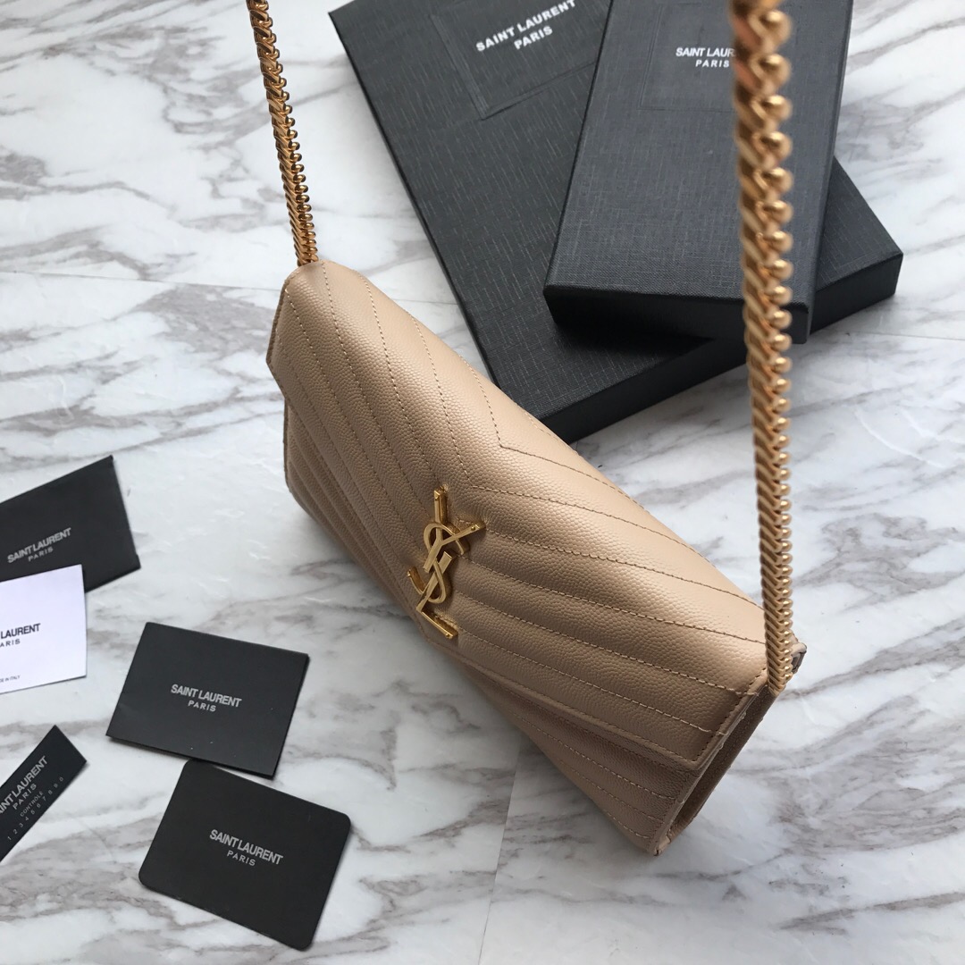 YSL, 377828, MONOGRAM SAINT LAURENT CHAIN WALLET IN BLACK GRAIN, 8.8 5.5 1.6 INCHES