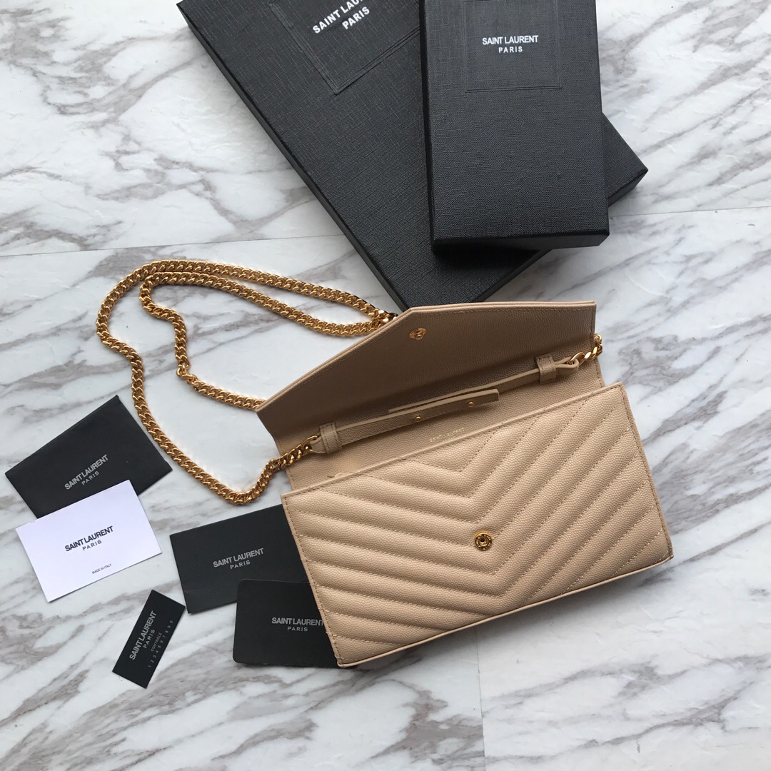 YSL, 377828, MONOGRAM SAINT LAURENT CHAIN WALLET IN BLACK GRAIN, 8.8 5.5 1.6 INCHES