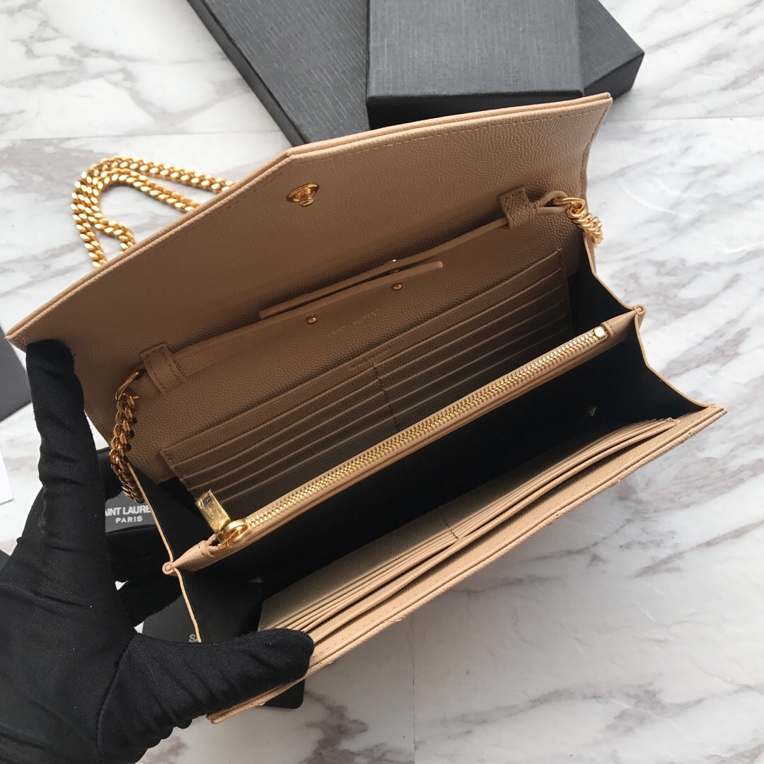 YSL, 377828, MONOGRAM SAINT LAURENT CHAIN WALLET IN BLACK GRAIN, 8.8 5.5 1.6 INCHES