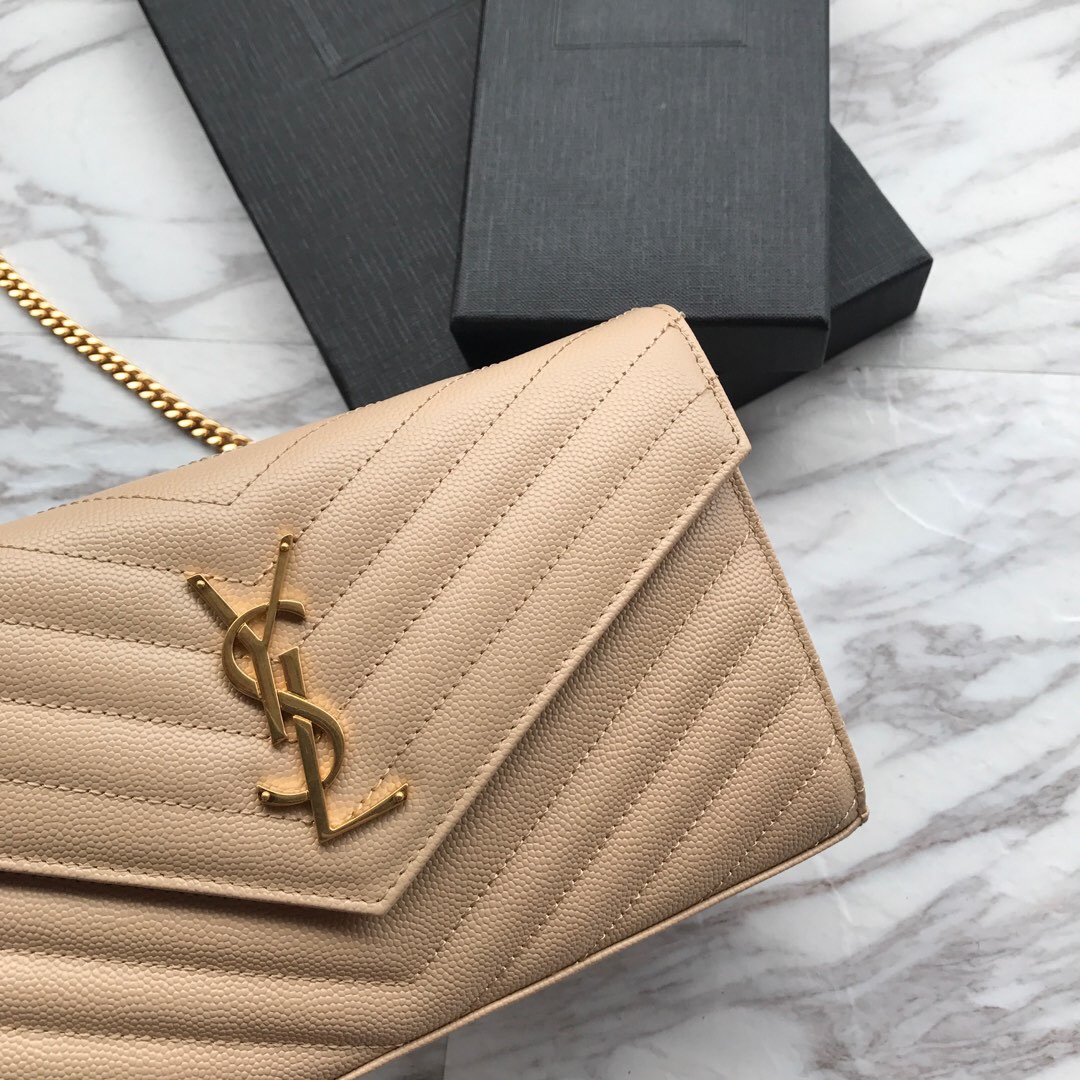YSL, 377828, MONOGRAM SAINT LAURENT CHAIN WALLET IN BLACK GRAIN, 8.8 5.5 1.6 INCHES