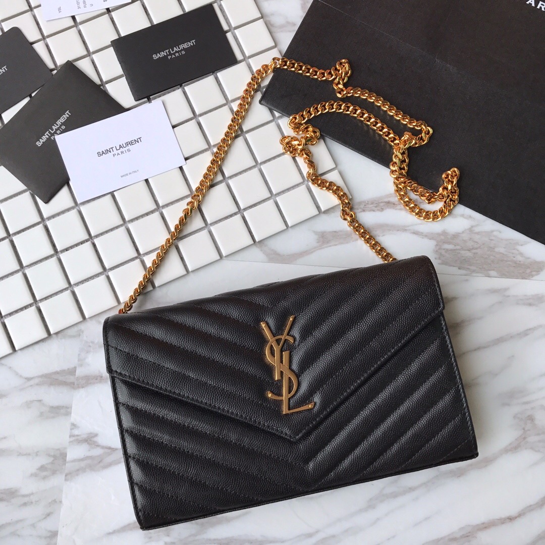 YSL, 377828, MONOGRAM SAINT LAURENT CHAIN WALLET IN BLACK GRAIN, 8.8 5.5 1.6 INCHES, STRAP DROP: 48 CM