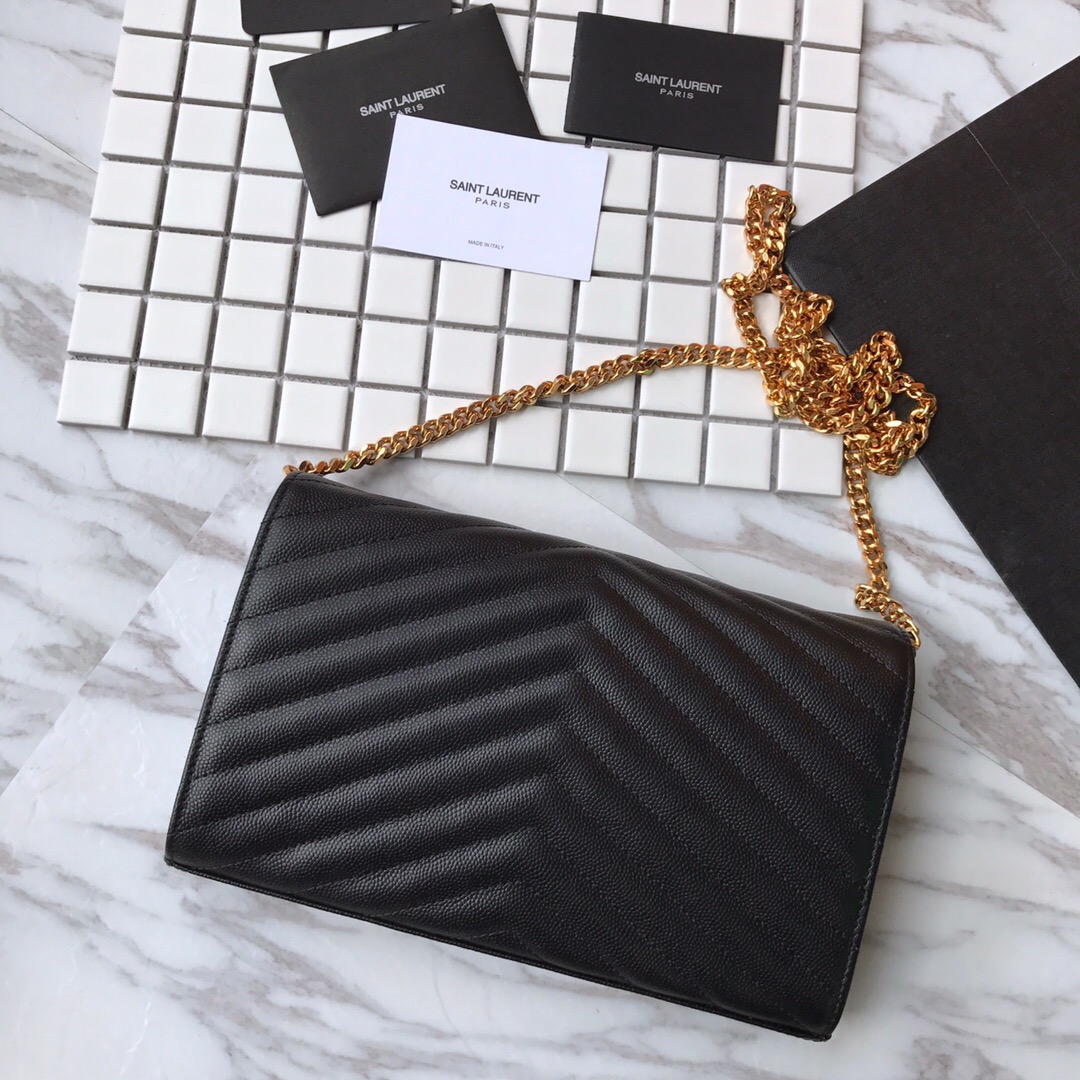 YSL, 377828, MONOGRAM SAINT LAURENT CHAIN WALLET IN BLACK GRAIN, 8.8 5.5 1.6 INCHES, STRAP DROP: 48 CM