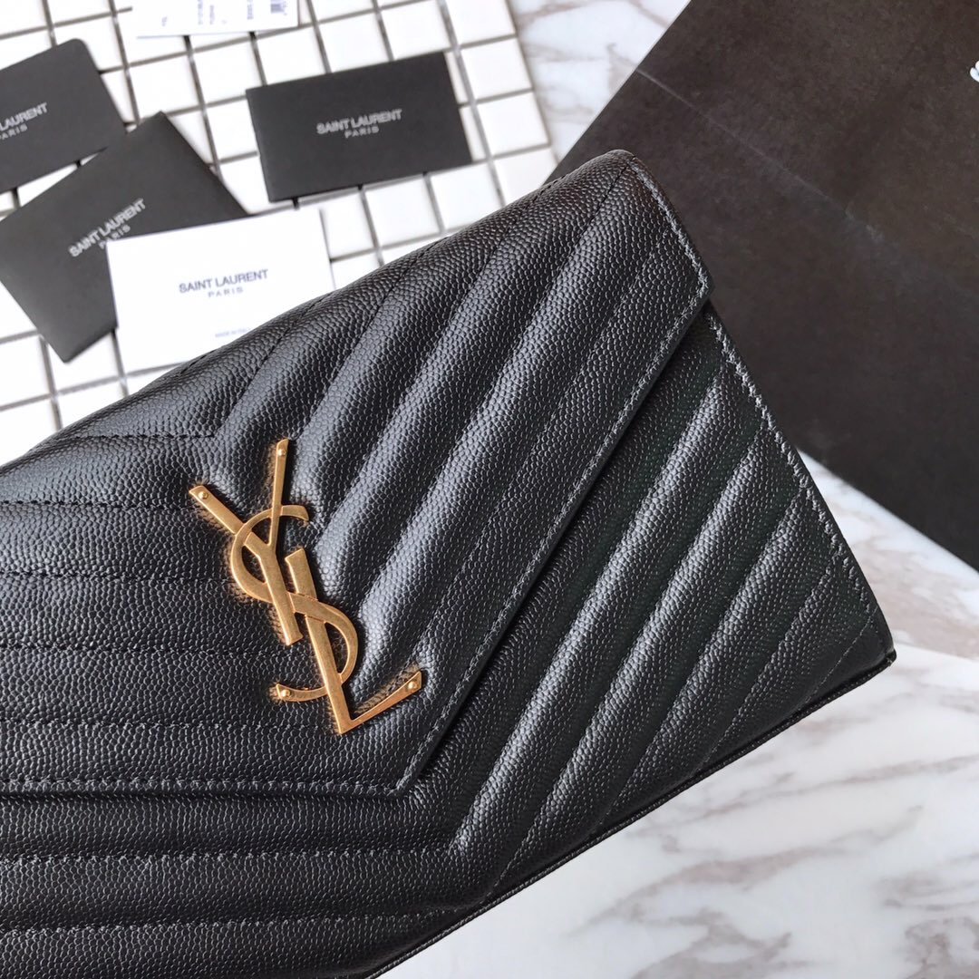 YSL, 377828, MONOGRAM SAINT LAURENT CHAIN WALLET IN BLACK GRAIN, 8.8 5.5 1.6 INCHES, STRAP DROP: 48 CM
