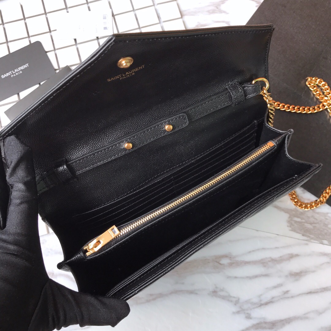 YSL, 377828, MONOGRAM SAINT LAURENT CHAIN WALLET IN BLACK GRAIN, 8.8 5.5 1.6 INCHES, STRAP DROP: 48 CM