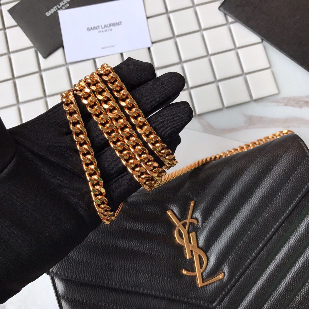 YSL, 377828, MONOGRAM SAINT LAURENT CHAIN WALLET IN BLACK GRAIN, 8.8 5.5 1.6 INCHES, STRAP DROP: 48 CM