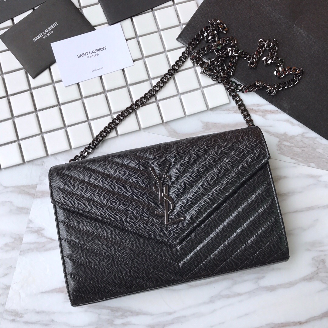 YSL Saint Laurent, 377828, MONOGRAM CHAIN WALLET IN BLACK GRAIN DE POUDRE TEXTURED MATELASSÉ LEATHER, STRAP DROP: 48 CM