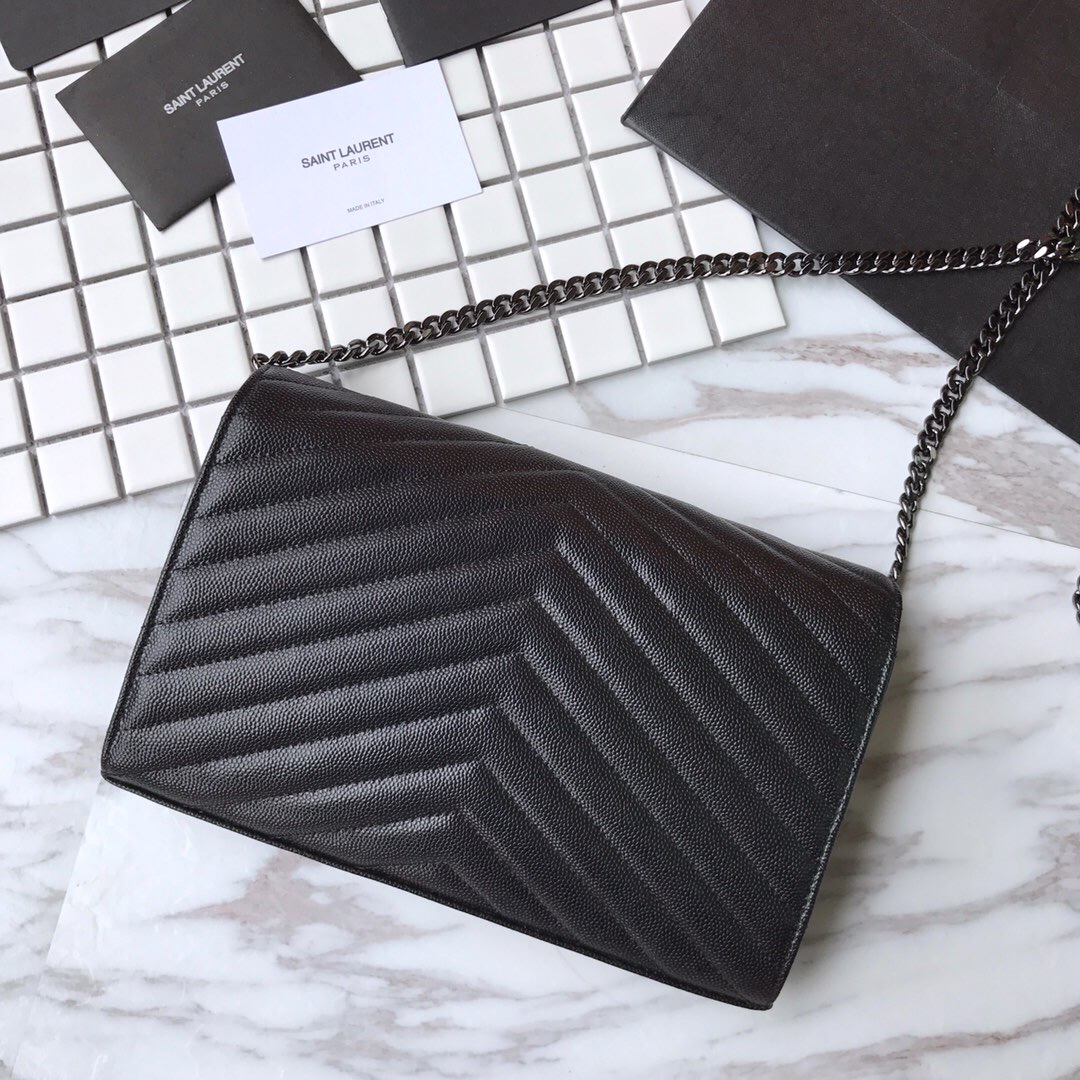 YSL Saint Laurent, 377828, MONOGRAM CHAIN WALLET IN BLACK GRAIN DE POUDRE TEXTURED MATELASSÉ LEATHER, STRAP DROP: 48 CM