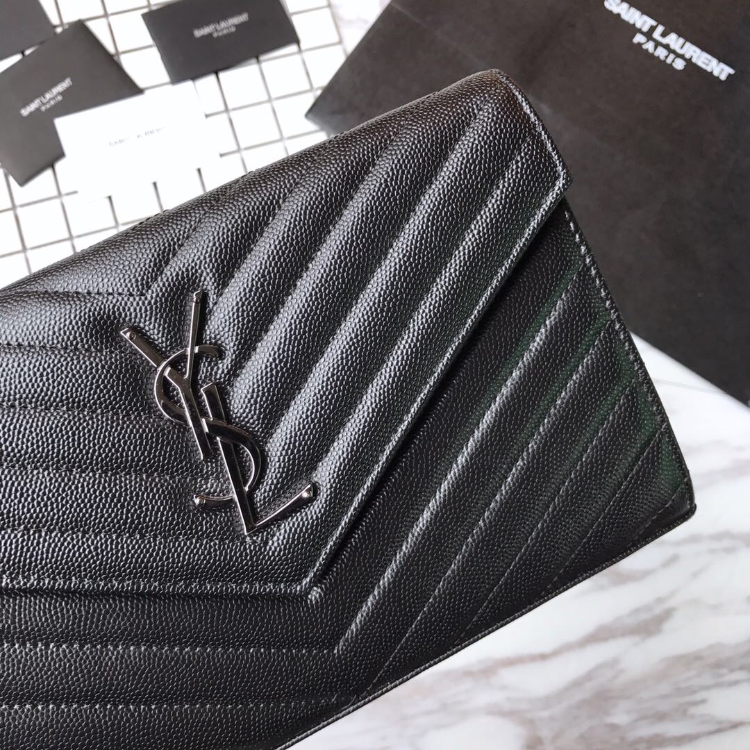 YSL Saint Laurent, 377828, MONOGRAM CHAIN WALLET IN BLACK GRAIN DE POUDRE TEXTURED MATELASSÉ LEATHER, STRAP DROP: 48 CM