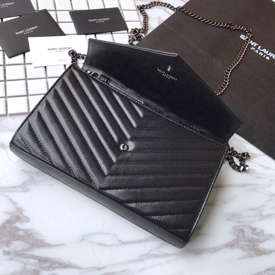 YSL Saint Laurent, 377828, MONOGRAM CHAIN WALLET IN BLACK GRAIN DE POUDRE TEXTURED MATELASSÉ LEATHER, STRAP DROP: 48 CM