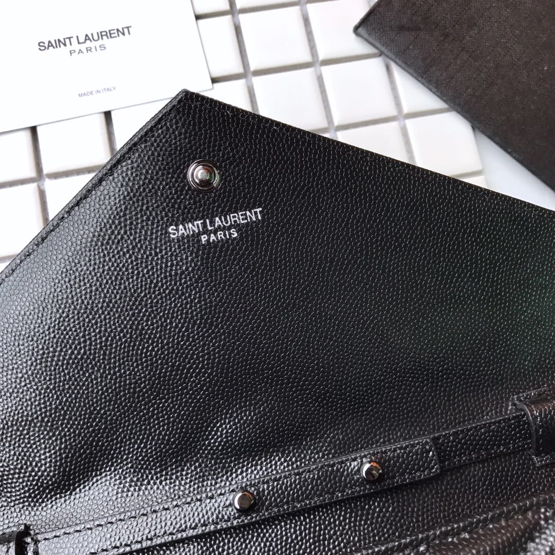 YSL Saint Laurent, 377828, MONOGRAM CHAIN WALLET IN BLACK GRAIN DE POUDRE TEXTURED MATELASSÉ LEATHER, STRAP DROP: 48 CM