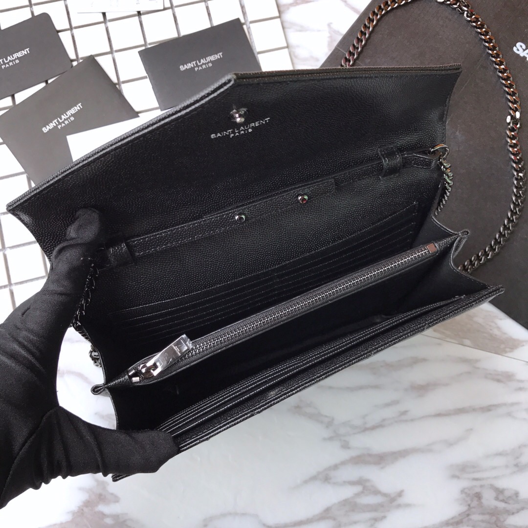 YSL Saint Laurent, 377828, MONOGRAM CHAIN WALLET IN BLACK GRAIN DE POUDRE TEXTURED MATELASSÉ LEATHER, STRAP DROP: 48 CM